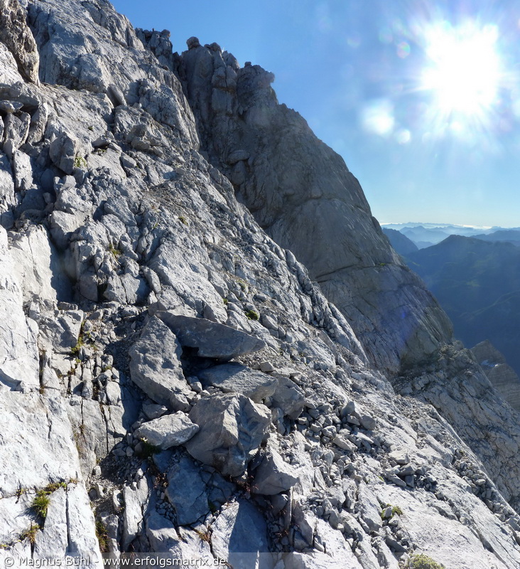 Watzmann-Überschreitung am 01. August 2013 – diese Stelle ist ungesichert und etwas ausgesetzt, sonst alles im B-Bereich Klettersteig